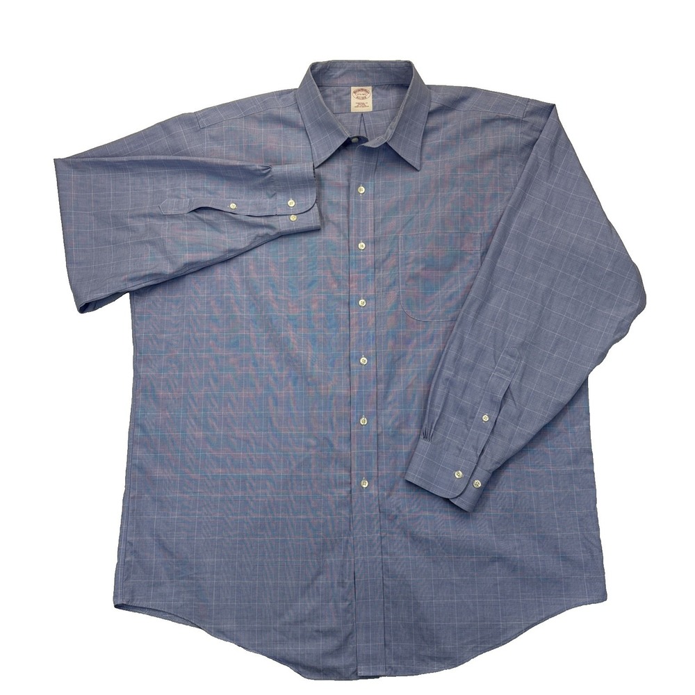 Brooks Brothers Traditional Fit Dress Shirt Men 17.5 34/35 Blue Plaid Cotton